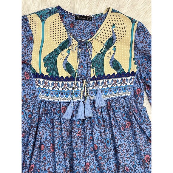 R. Vivimos Dress Artsy Colorful Boho Peacock Blue Floral V-Neck Bold Size 2 - Picture 2 of 12